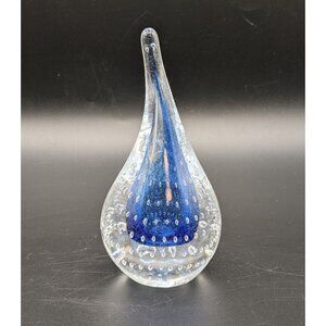 Adam Jablonski Art Glass Teardrop Paperweight Blue Clear Bubbles Signed 5.5"